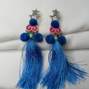 Blue/red tassel and pompoms earrings